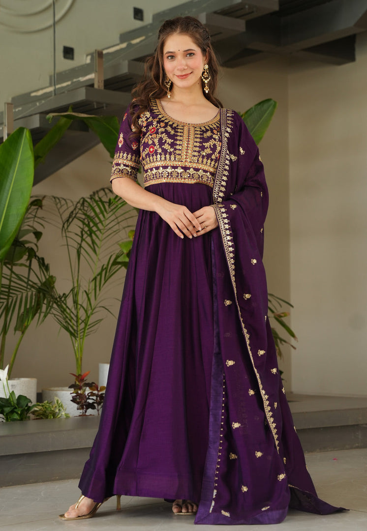 Wine Silk Readymade Long Anarkali Suit
