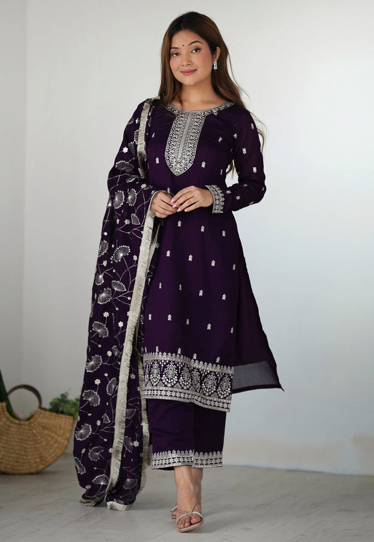 Wine Silk Readymade Pant Style Suit