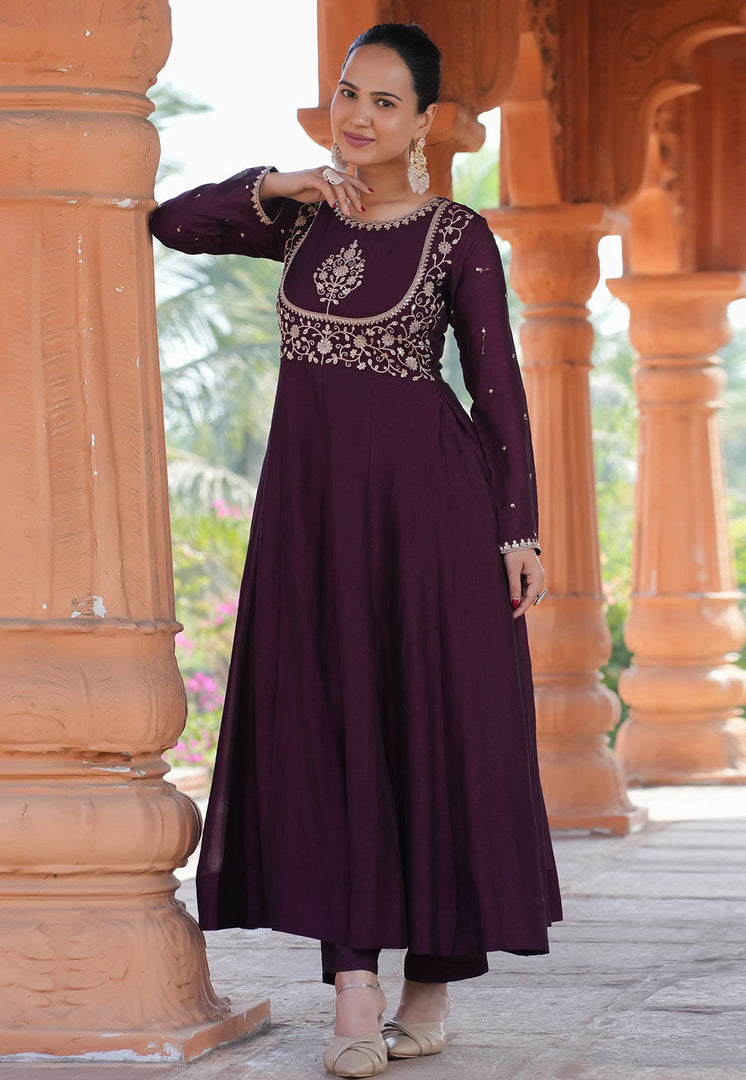 Wine Silk Readymade Pant Style Suit