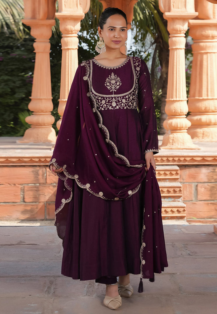 Wine Silk Readymade Pant Style Suit