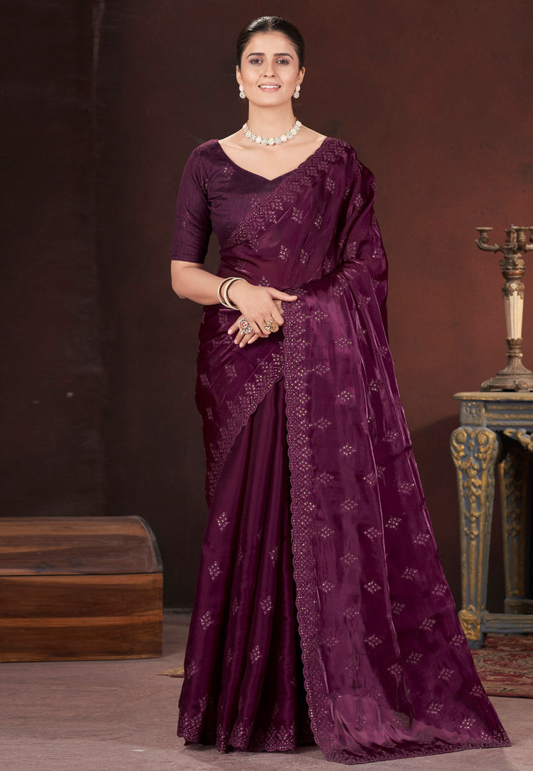 Wine Silk Saree With Blouse