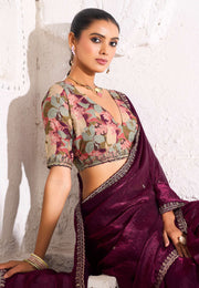 Wine Silk Saree With Blouse