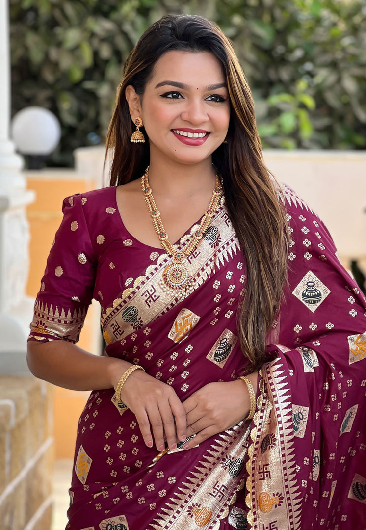 Wine Silk Saree With Blouse