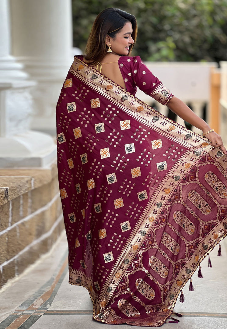 Wine Silk Saree With Blouse