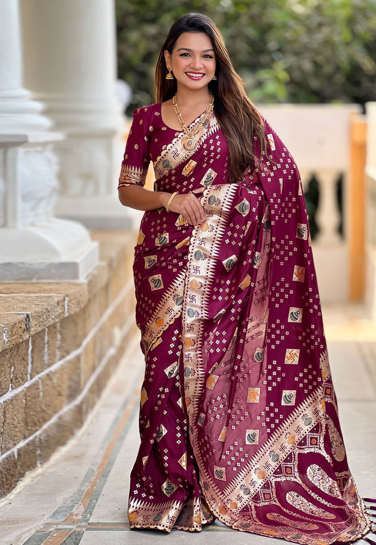 Wine Silk Saree With Blouse