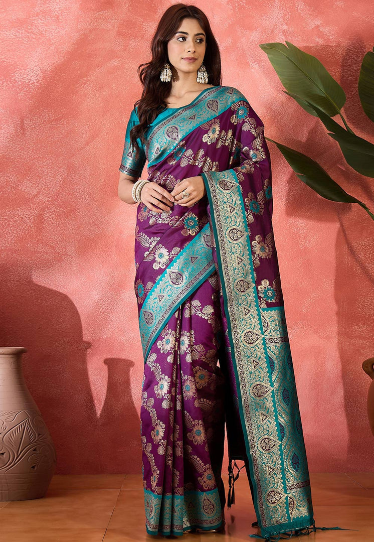 Wine Silk Saree With Blouse