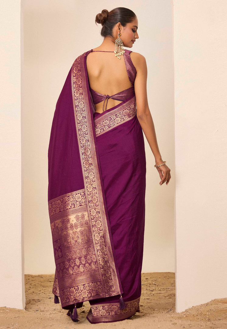 Wine Silk Saree With Blouse