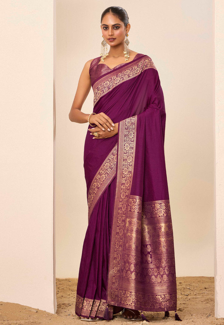 Wine Silk Saree With Blouse