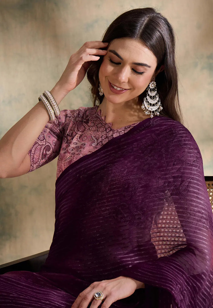 Wine Silk Saree With Blouse