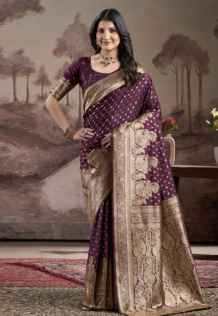 Wine Silk Saree With Blouse