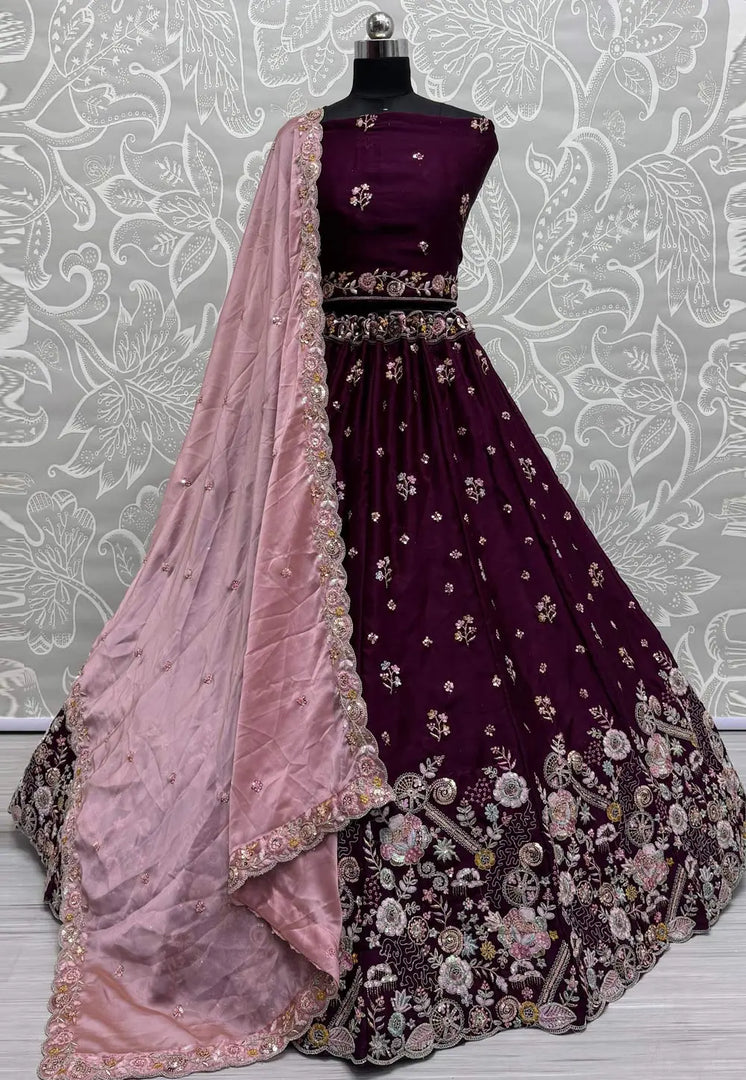 Wine Silk Wedding Lehenga Choli