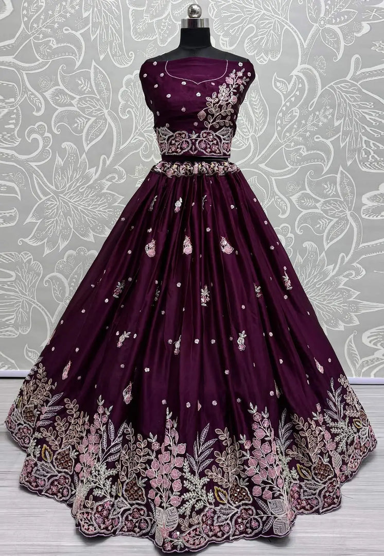 Wine Silk Wedding Lehenga Choli
