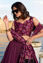 Load image into Gallery viewer, Wine Tussar Silk Floral print Lehenga choli
