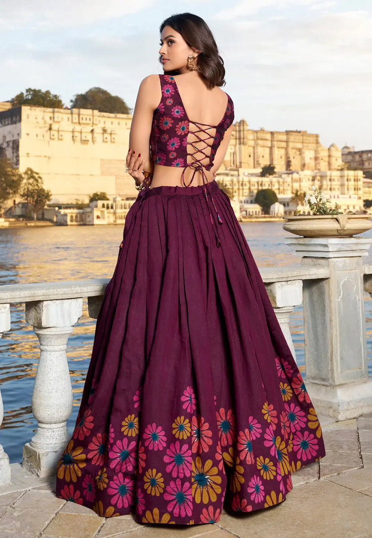 Wine Tussar Silk Floral print Lehenga choli