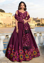 Load image into Gallery viewer, Wine Tussar Silk Floral print Lehenga choli
