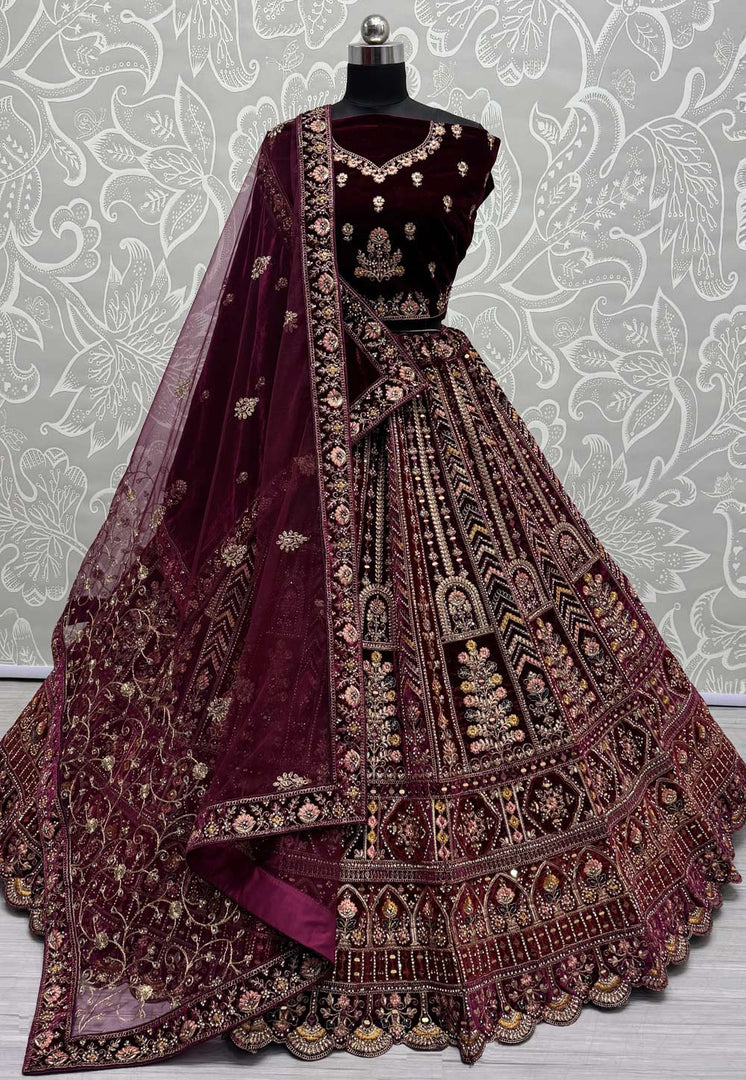 Wine Velvet Bridal Lehenga Choli
