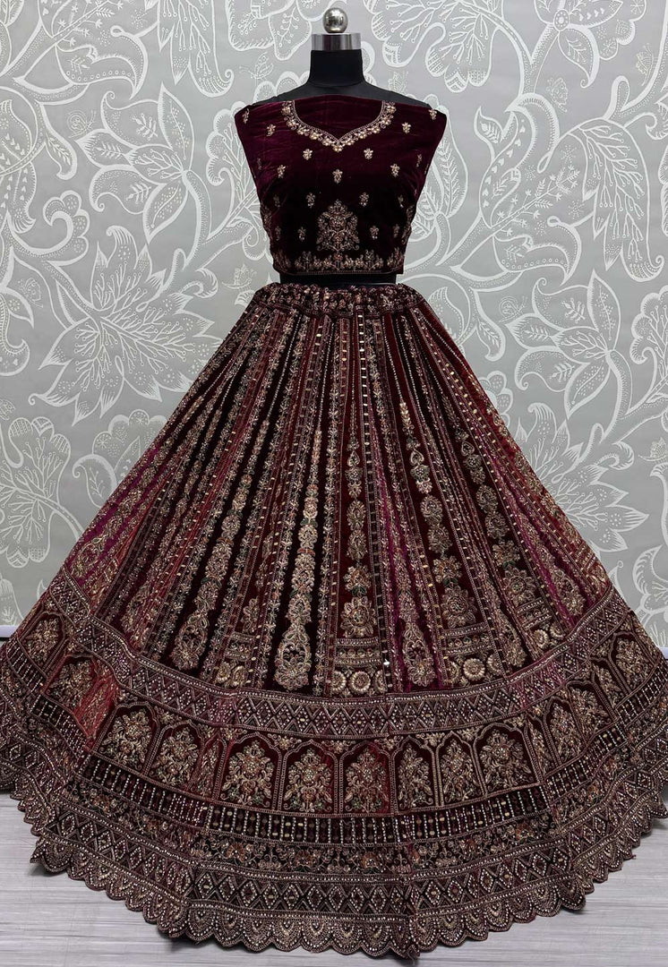 Wine Velvet Bridal Lehenga Choli