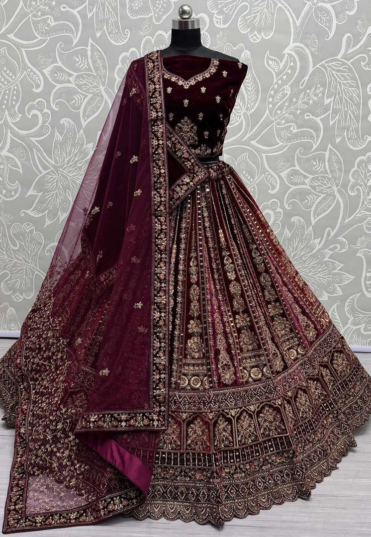 Wine Velvet Bridal Lehenga Choli