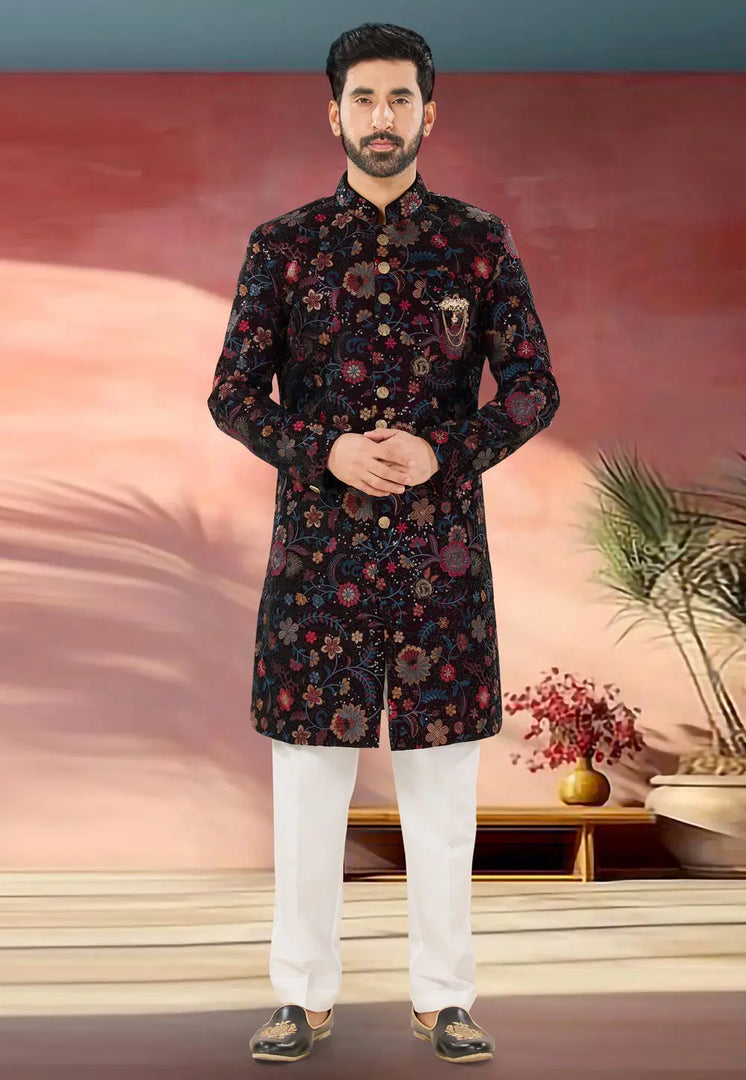 Wine Velvet Indo Western Sherwani
