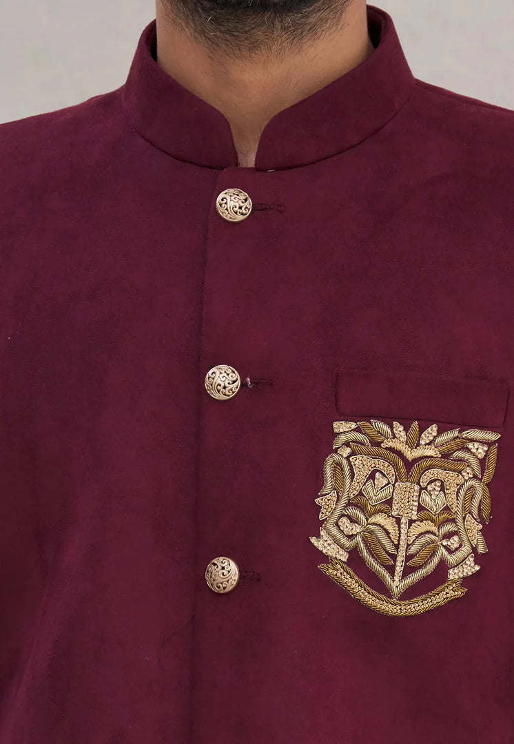 Wine Velvet Jodhpuri Suit