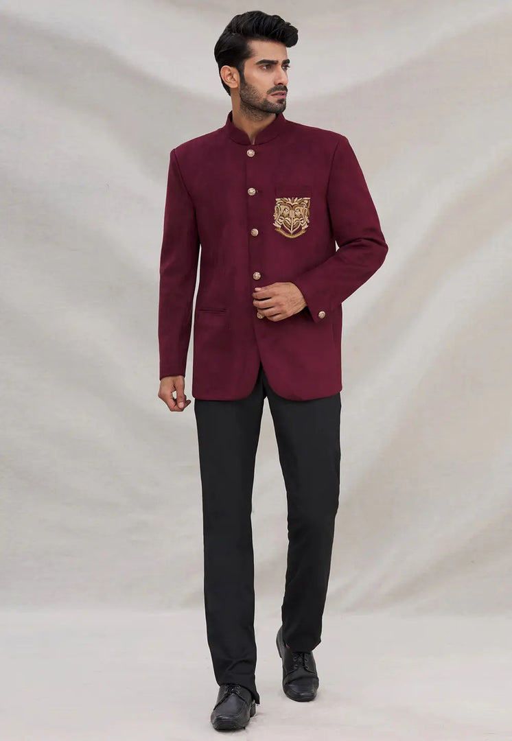 Wine Velvet Jodhpuri Suit