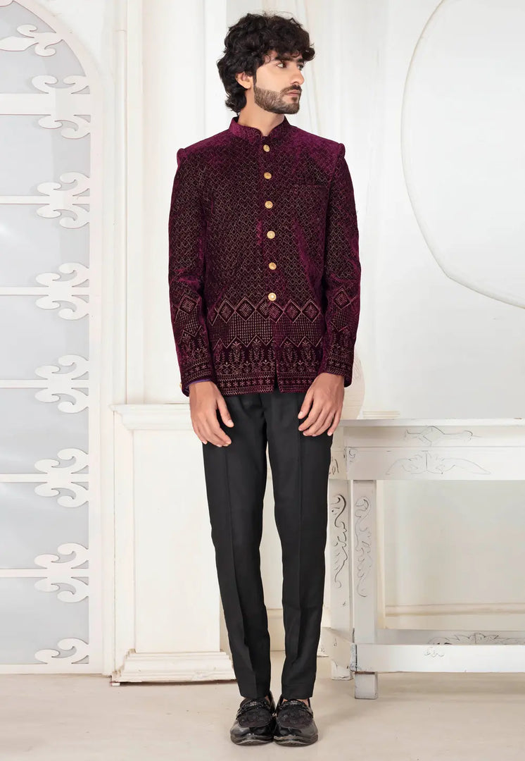 Wine Velvet Jodhpuri Suit