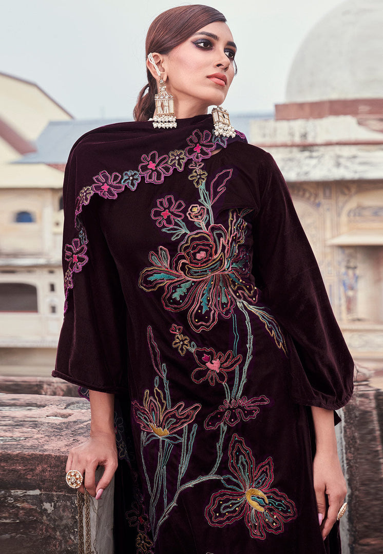 Wine Velvet Pakistani Suit