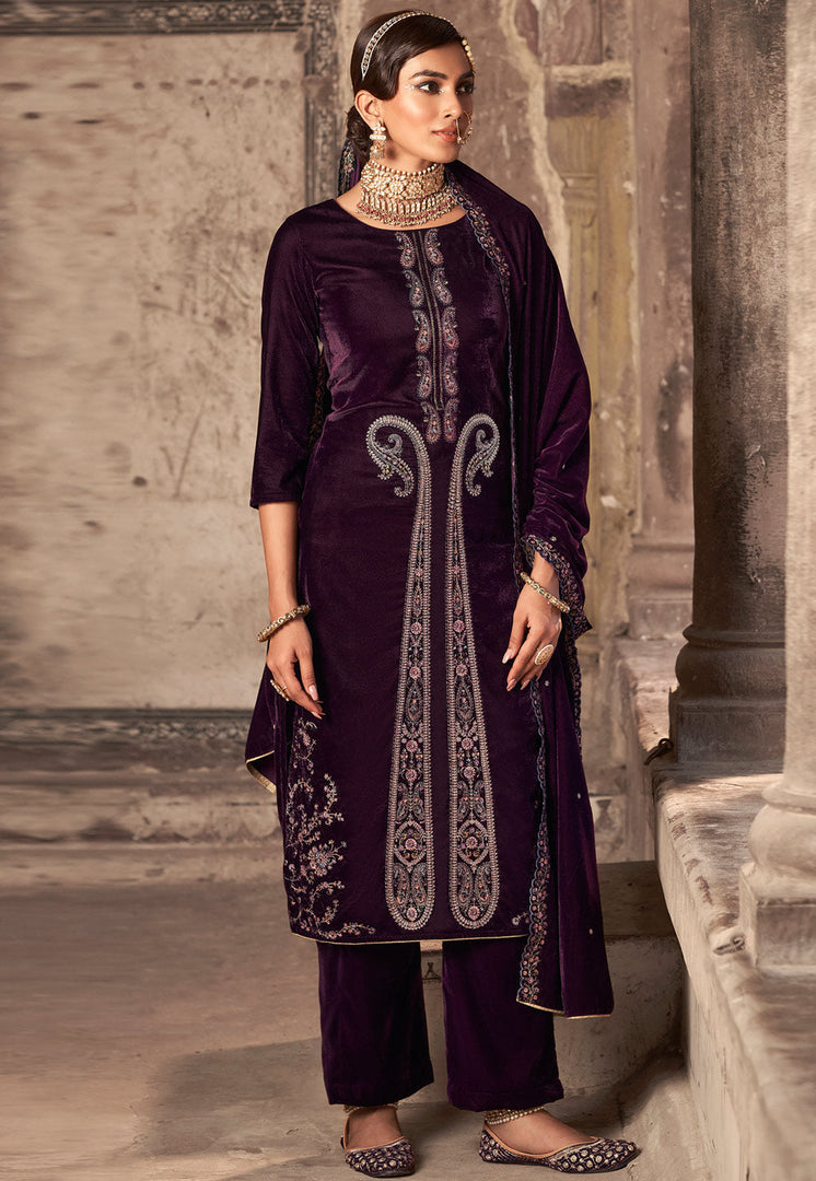 Wine Velvet Pakistani Suit
