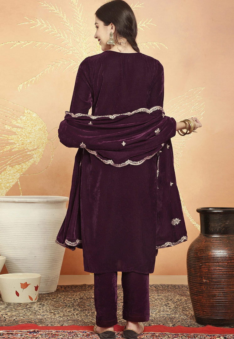 Wine Velvet Pakistani Suit