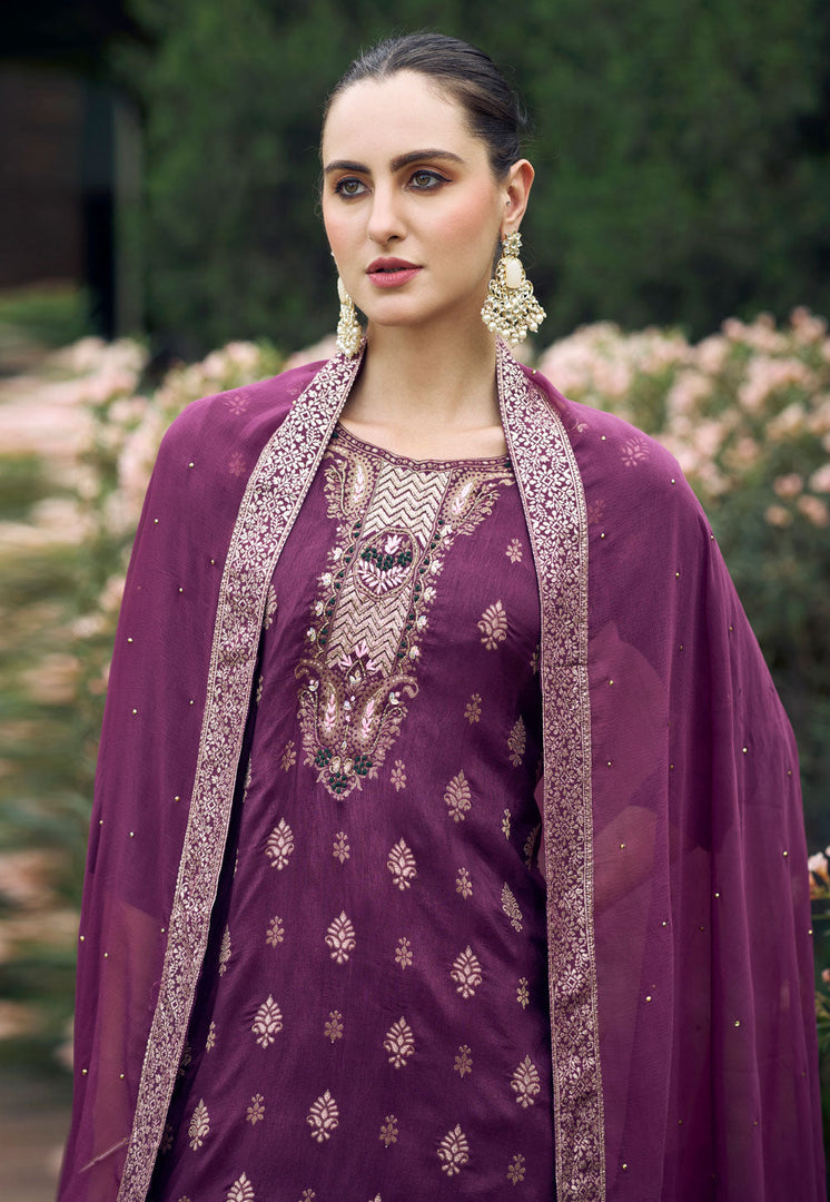 Wine Viscose Rayon Readymade Pakistani Suit