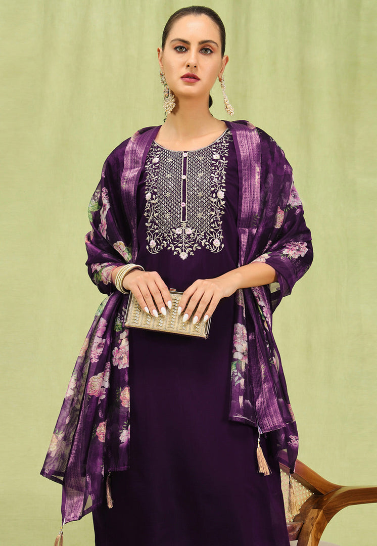 Wine Viscose Readymade Pant Style Suit