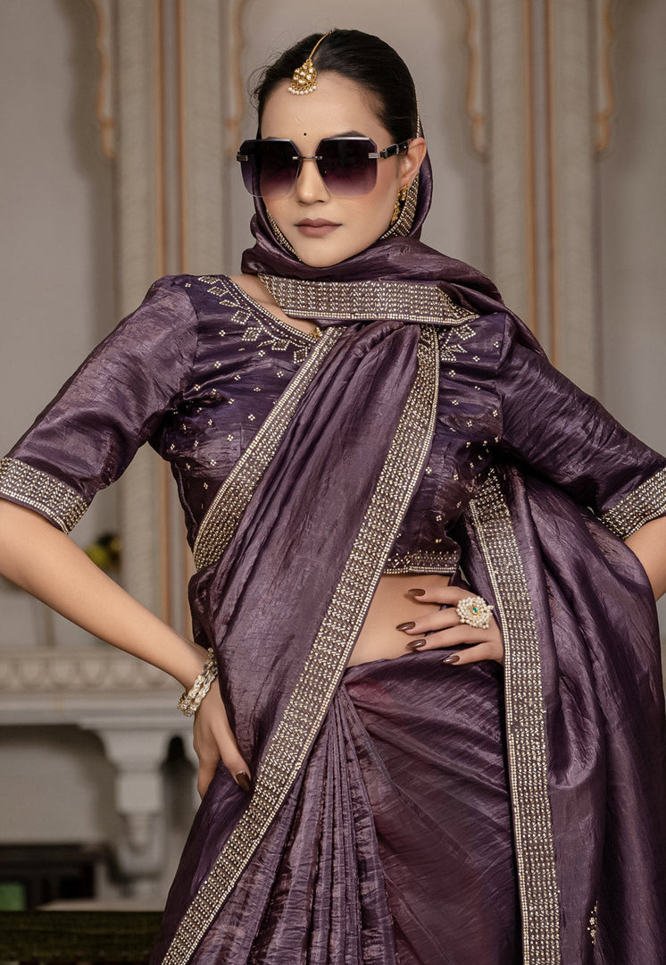 Wine Viscose Saree With Blouse