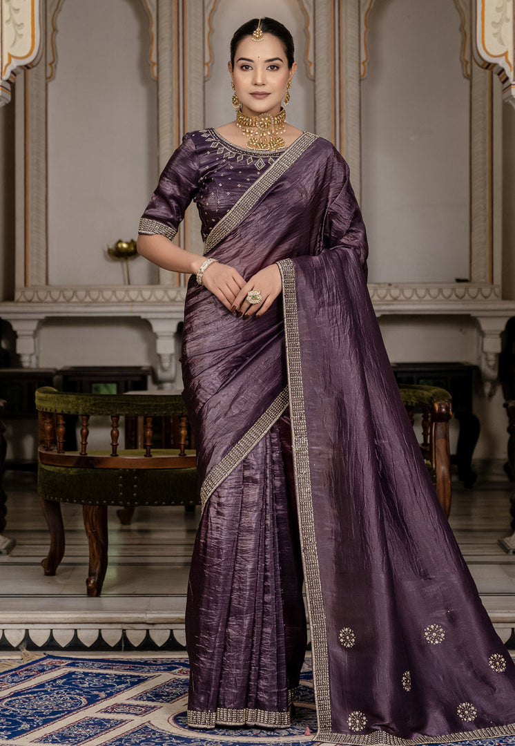 Wine Viscose Saree With Blouse