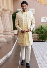 Load image into Gallery viewer, Yellow Art Silk Jacket Style Sherwani
