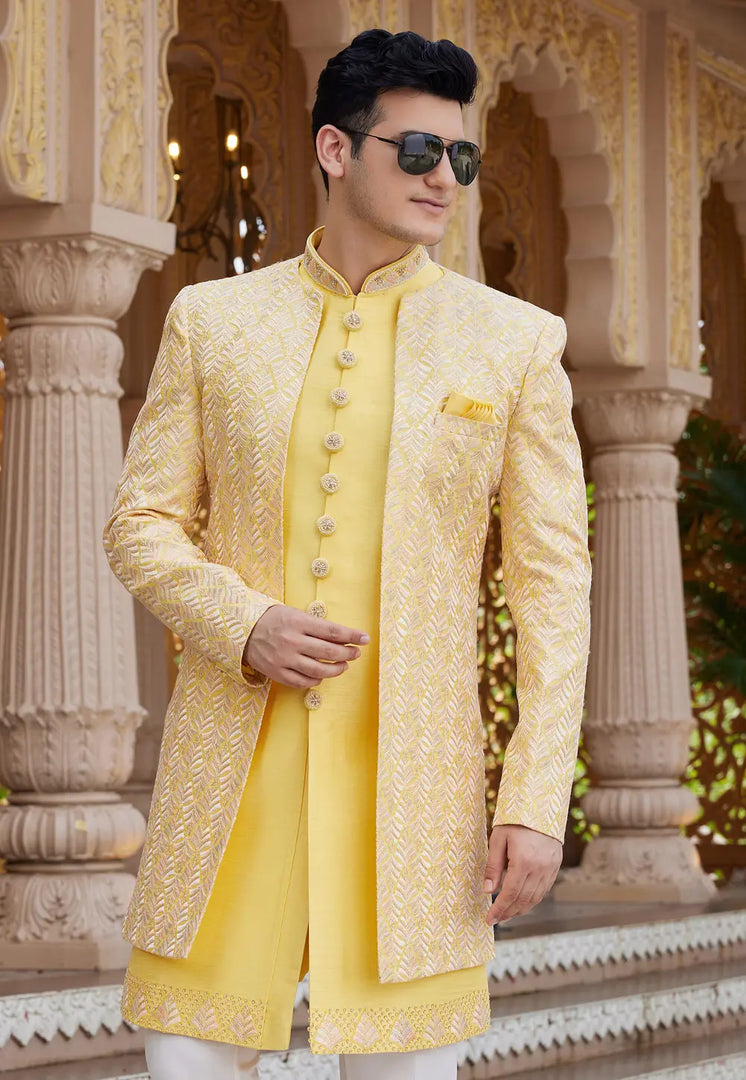 Yellow Art Silk Jacket Style Sherwani