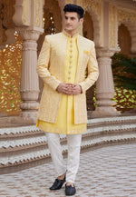 Load image into Gallery viewer, Yellow Art Silk Jacket Style Sherwani
