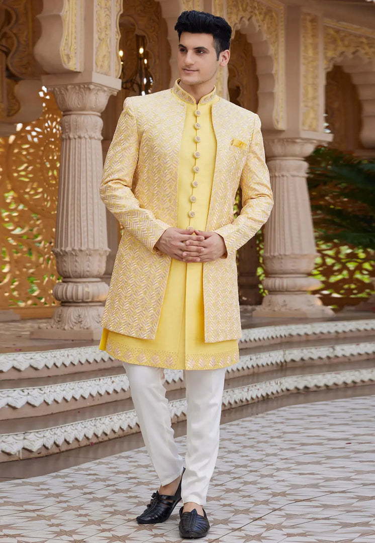 Yellow Art Silk Jacket Style Sherwani