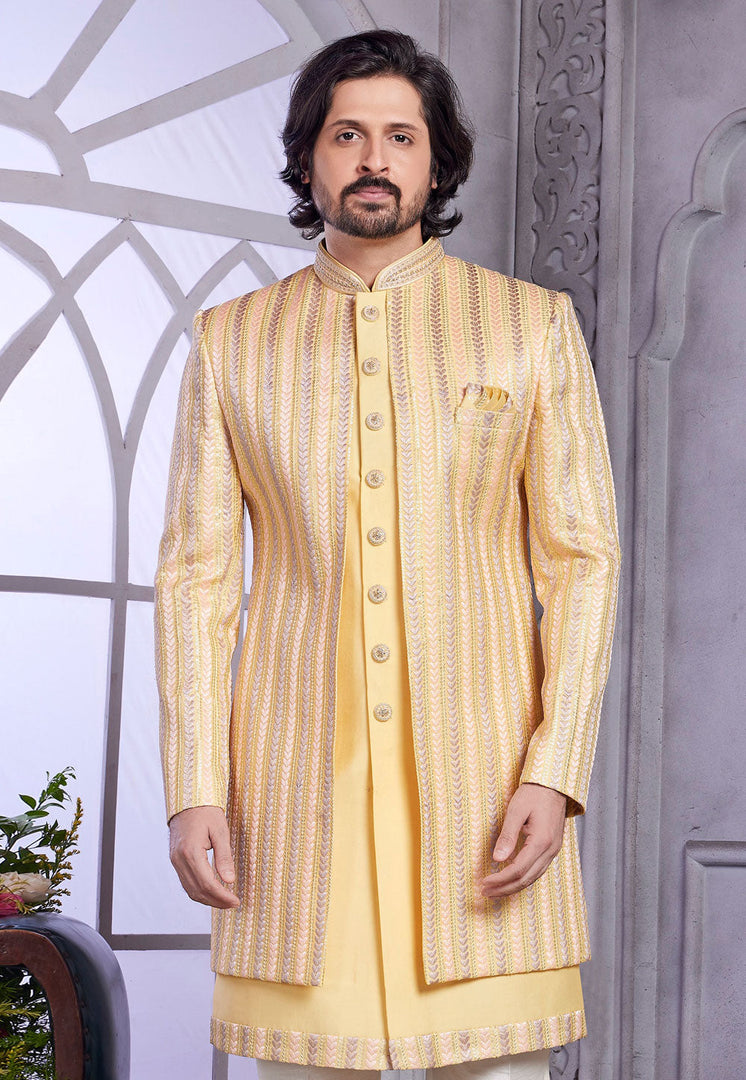 Yellow Art Silk Jacket Style Sherwani