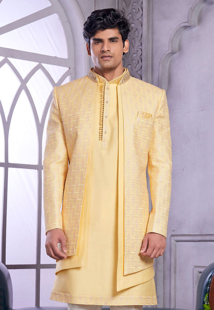 Yellow Art Silk Jacket Style Sherwani