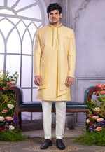 Load image into Gallery viewer, Yellow Art Silk Jacket Style Sherwani
