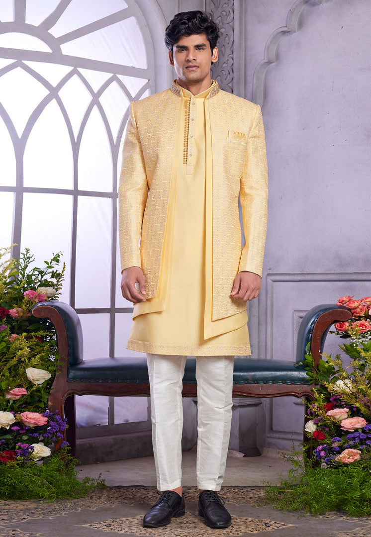 Yellow Art Silk Jacket Style Sherwani