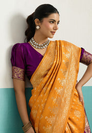 Yellow Banarasi Silk Saree With Blouse