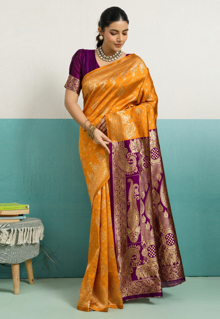 Yellow Banarasi Silk Saree With Blouse