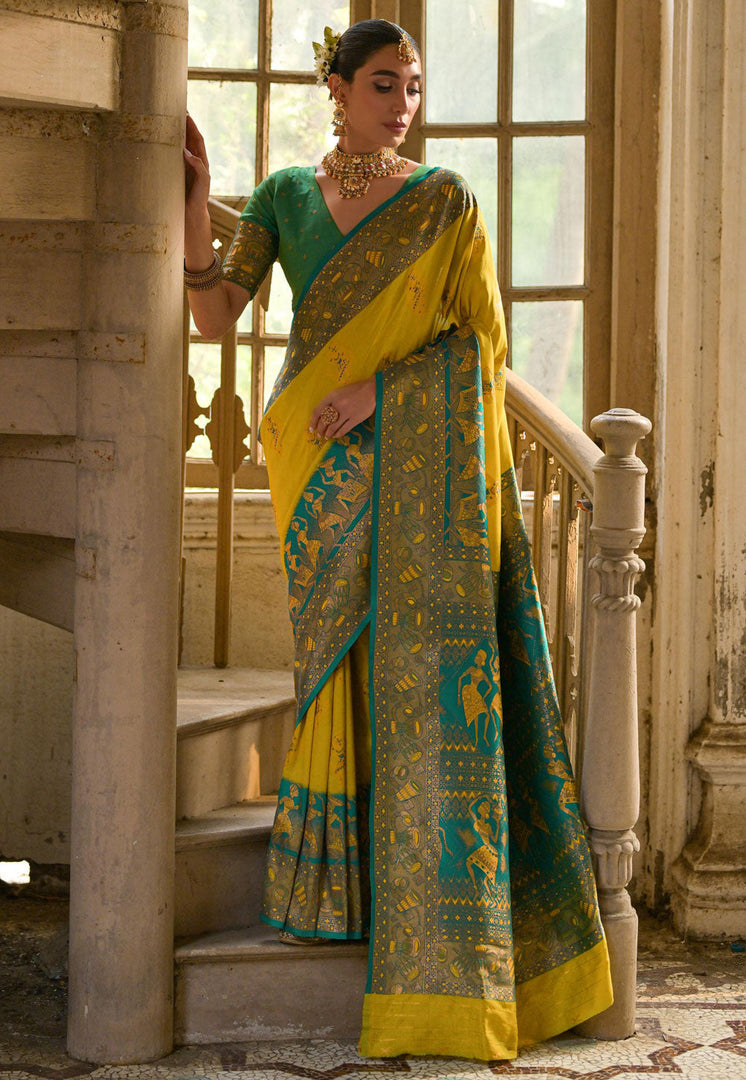 Yellow Banarasi Silk Saree With Blouse