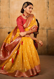 Yellow Banarasi Silk Saree With Blouse