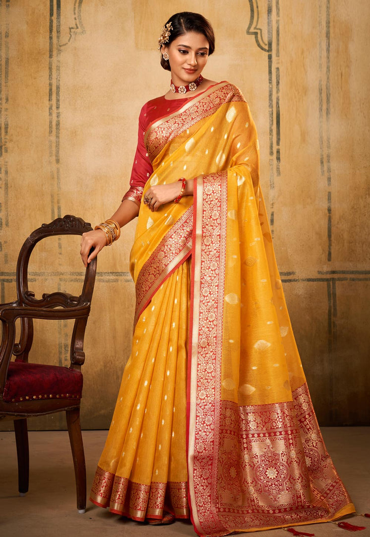Yellow Banarasi Silk Saree With Blouse