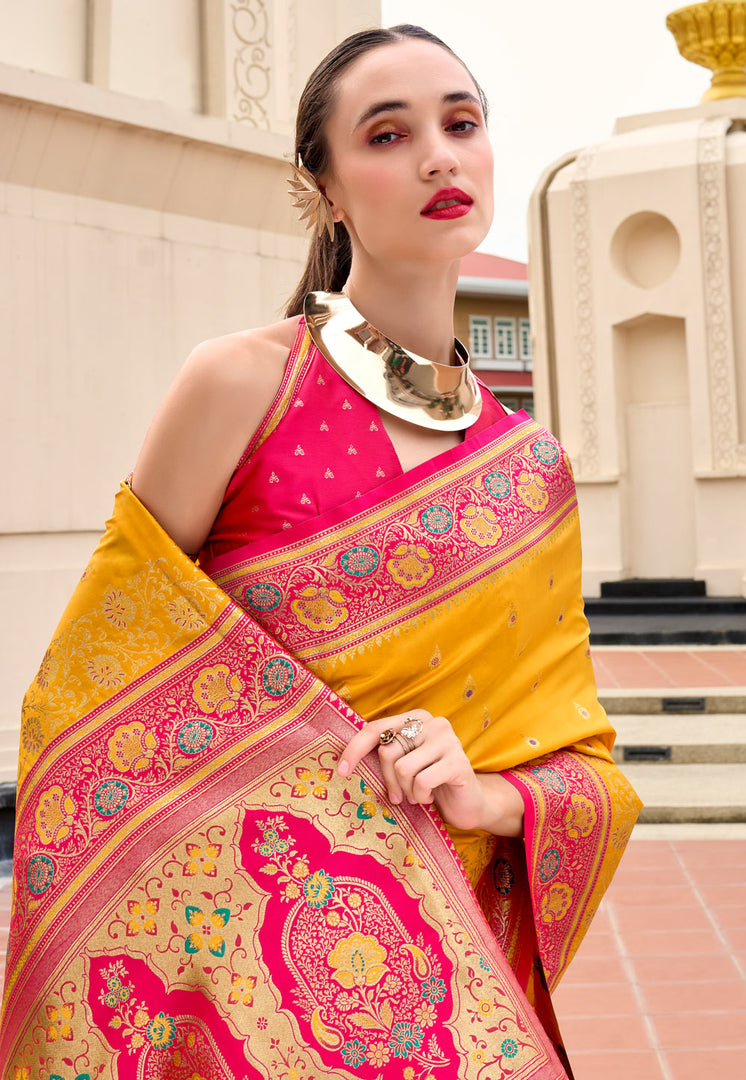 Yellow Banarasi Silk Saree With Blouse