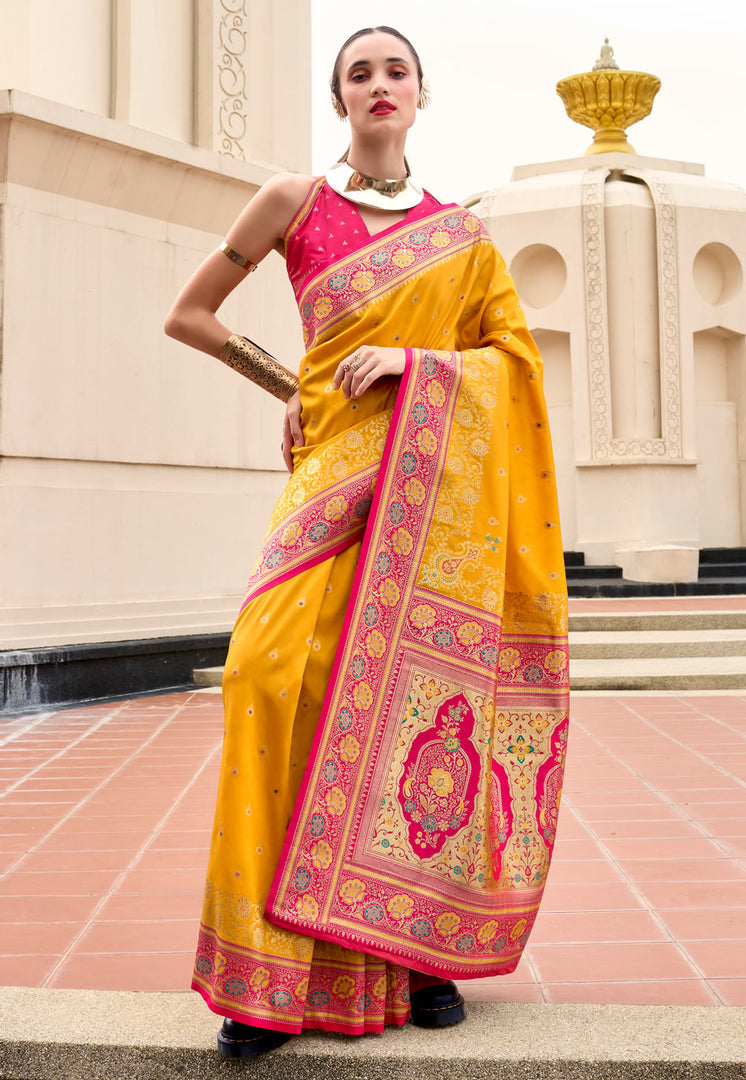 Yellow Banarasi Silk Saree With Blouse