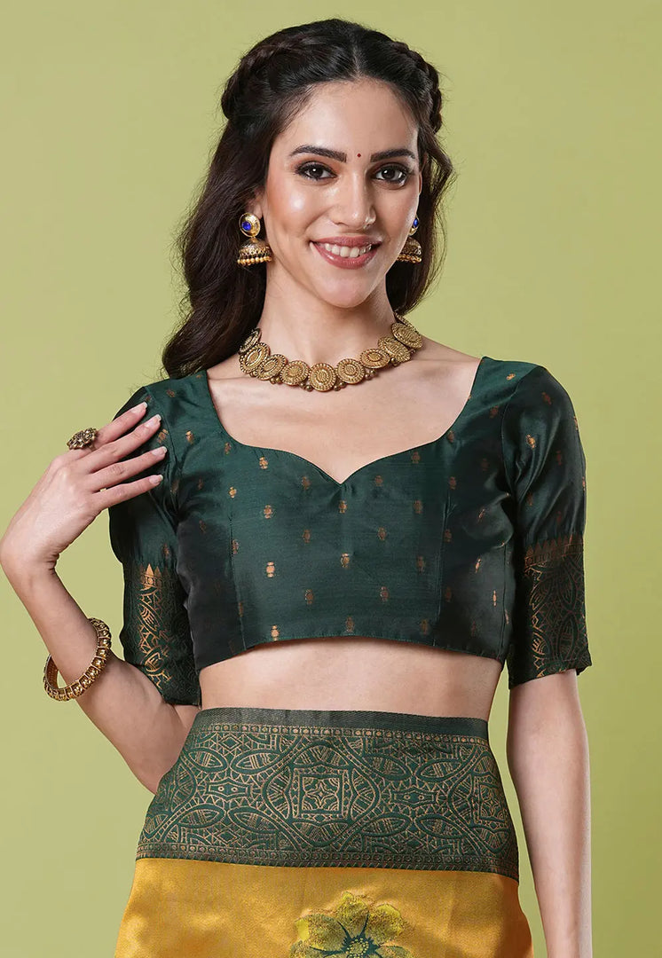 Yellow Banarasi Silk Saree With Blouse