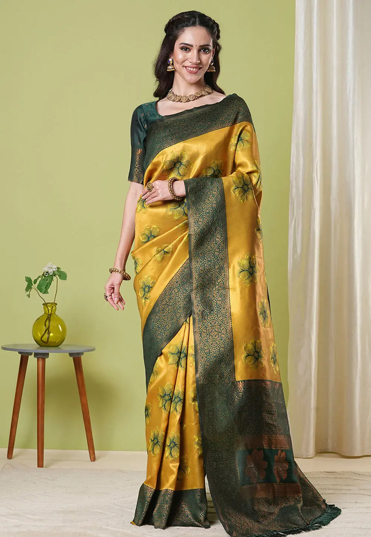 Yellow Banarasi Silk Saree With Blouse